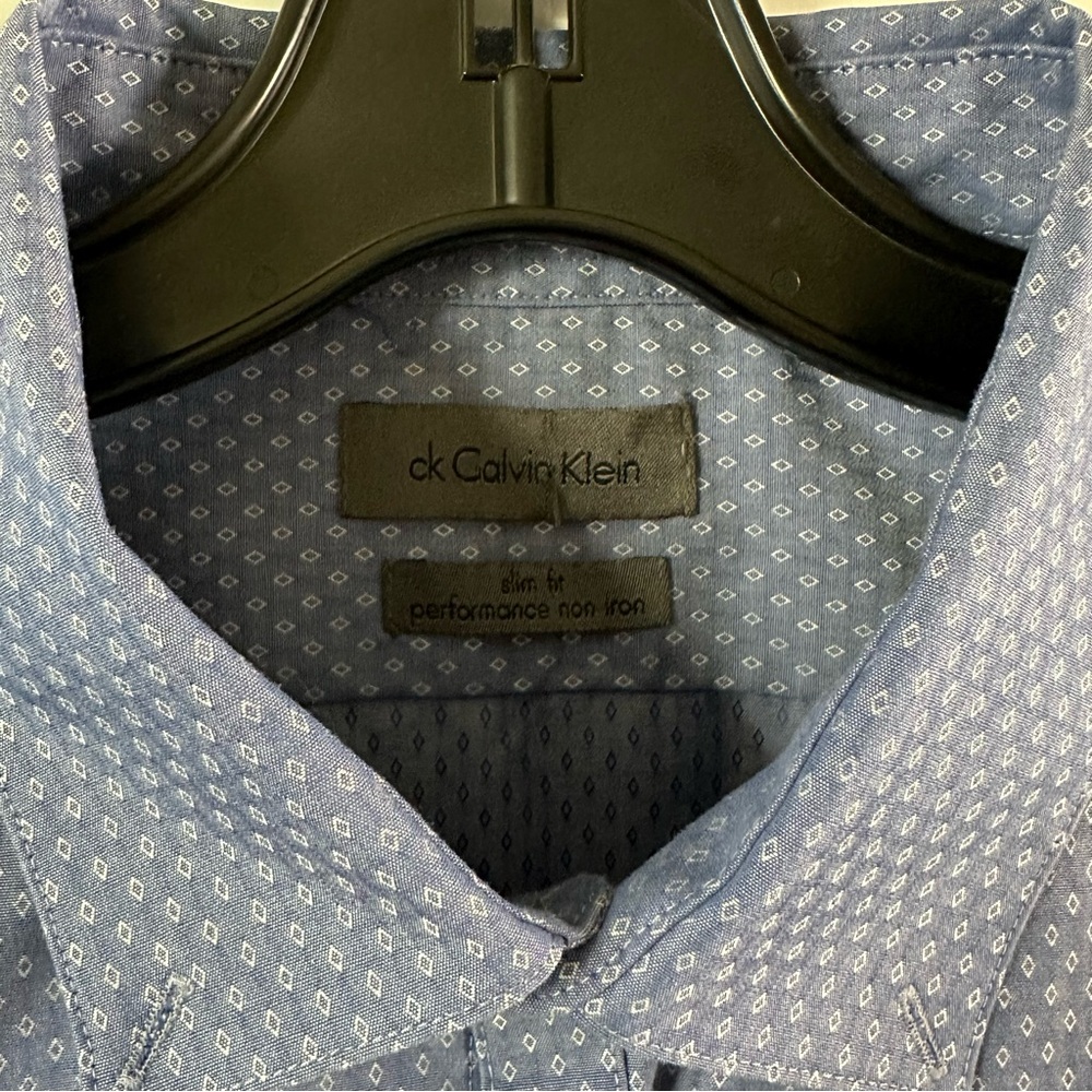 Calvin Klein Blue Micro Diamond Slim Fit Dress Shirt | Men’s 17 - Picture 2 of 3
